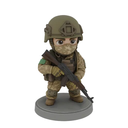 Modello 3D di un soldatino chibi in uniforme militare che impugna un fucile d'assalto, in piedi su una base circolare.