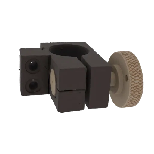 3D model of a dark-colored adjustable clamp with a light-colored knurled knob and two mounting holes.