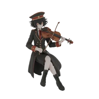 3D-Modell eines Anime-Mädchens in Militäruniform, das Geige spielt, mit roten Augen und dunklen Haaren.