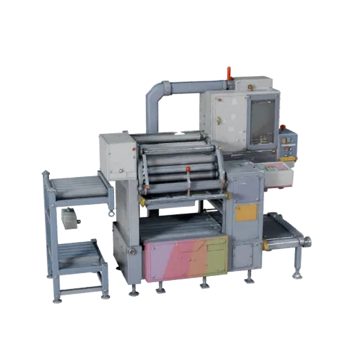 Automated Packing Machine Stylized 3D model, stylized isometric render, showing painted steel, machine stations.