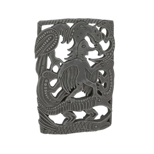 3D model of a mythological creature in relief, featuring a bird-like beast fighting a serpent with a fish below.