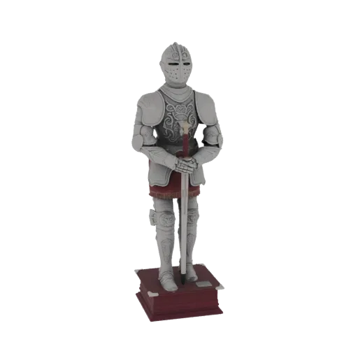 Modèle 3D d'un chevalier médiéval en armure argentée, tenant une épée, debout sur une base rouge en forme de livre.
