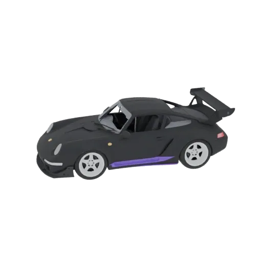 3D model of a matte black 1998 Porsche 911 GT2 (993) with violet neon stripes, wide-body, and a large rear wing, set against