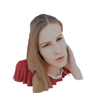 3D model of a young woman with blonde hair, hand on cheek, wearing a red top.