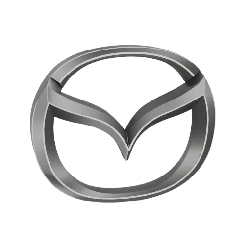 A 3D render of the Mazda logo, depicted with a metallic silver finish against a black background.