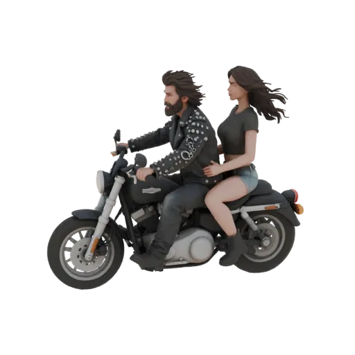 Modello 3D di un rocker-biker e la sua ragazza su una moto in stile rock 'n' roll