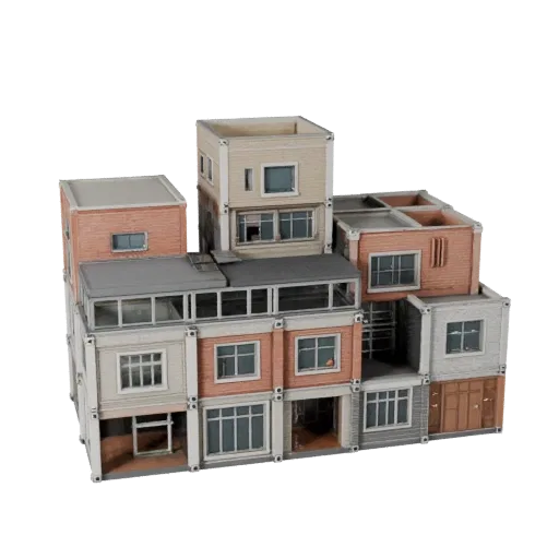 Modular Public Building Kit low poly 3D model, game-ready exterior view, showing modular building kit materials and architectural detail