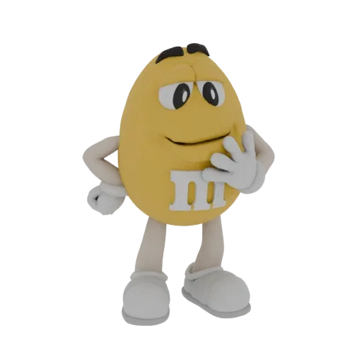 3D model of the Yellow M&M character standing with a hand on its chin, looking thoughtful.