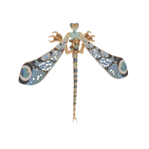 3D-Modell einer Jugendstil Libellen-Brosche mit blauen, gemusterten Flügeln und einem menschenähnlichen Torso.