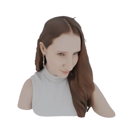 3D-Modell-Rendering einer jungen Frau mit langem, wallendem braunem Haar und blauen Augen, die einen weißen Rollkragenpullove
