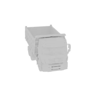 Modelo 3D do caminhão basculante Kamaz 6520, vista frontal e lateral, com linhas nítidas e design detalhado.