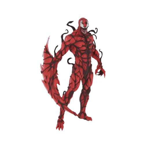 3D model of the Marvel character Carnage, a red and black symbiote warrior with sharp claws and tendrils, in a dynamic pose.