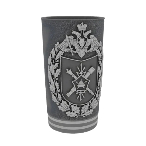 3D render of a glass with an embossed military emblem featuring a shield, crossed cannons, oak leaves, and a double-headed ea