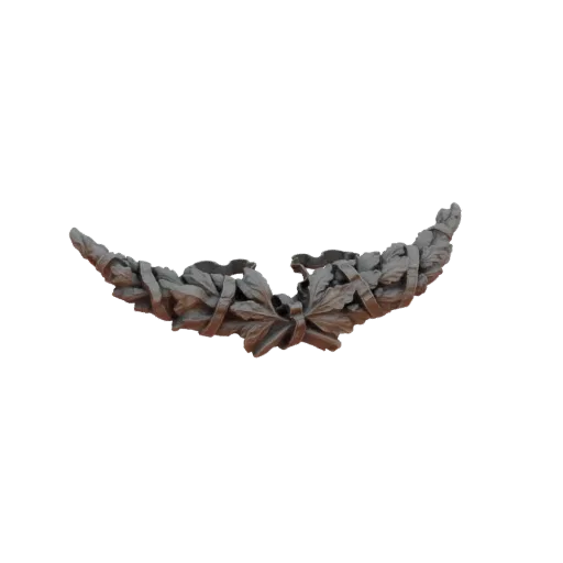3D model render of a grey laurel wreath ornament with detailed leaves and ribbon ties against a black background.
