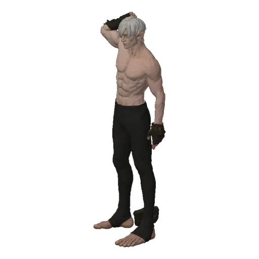 3D model of a muscular elf warrior with white hair, wearing black tights and fingerless gloves, in a thoughtful pose.