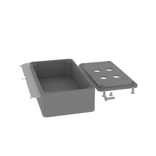 A 3D model of a gray rectangular project enclosure with its lid detached, showing the interior of the base.