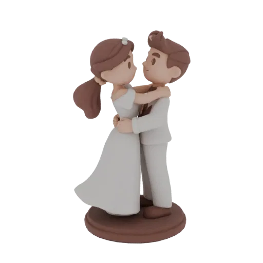 Topo de bolo de casamento Noiva e Noivo Fantasia modelo 3D, vista de estúdio em close-up, pose romântica de celebração com ba