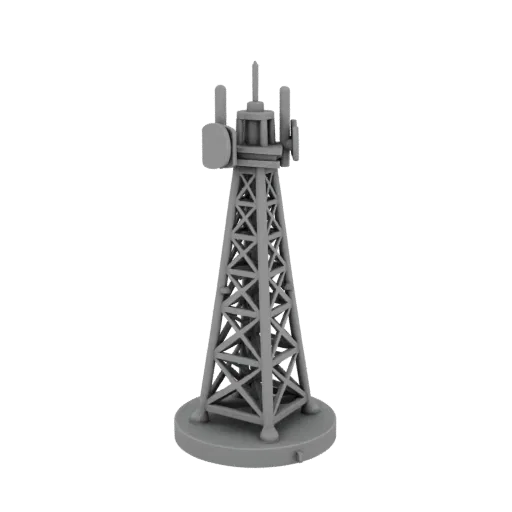 3D-Modell eines grauen Mobilfunkmastens mit Gitterstruktur und mehreren Antennen auf kreisförmiger Basis.