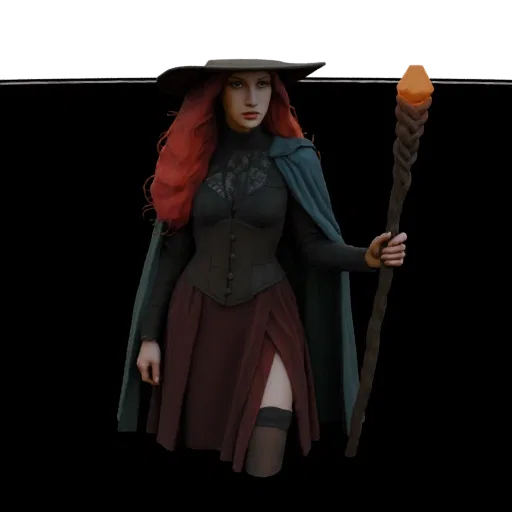 3D model of a mystic sorceress with red hair, wearing a dark hat, teal cape, and holding a staff with a glowing orb.