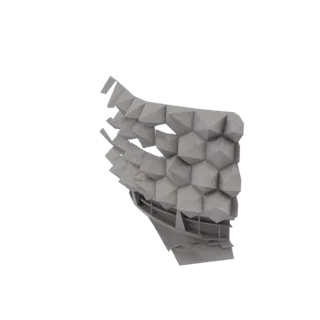 3D-Modell einer modernen geometrischen Fassade mit komplexer, facettierter Oberfläche in neutralem Grau.