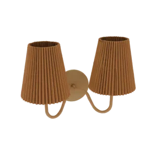 3D model of a double wall sconce with two brown pleated lampshades and beige metal arms, set against a black background.