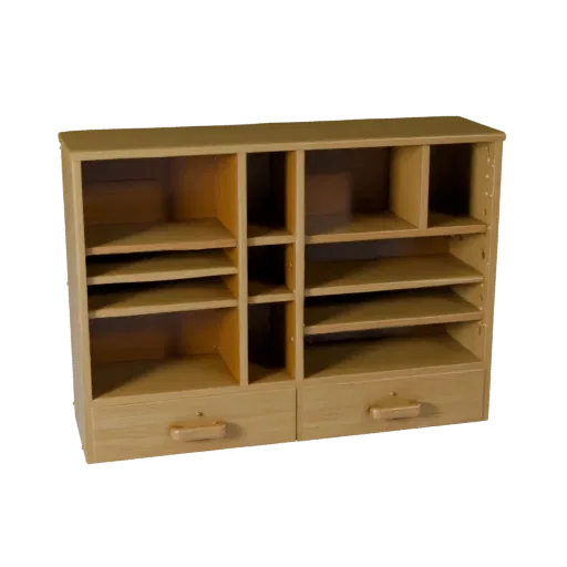 Floating Bookshelf Modular 3D model, dining room, isometric modular kit view, painted wood detail.