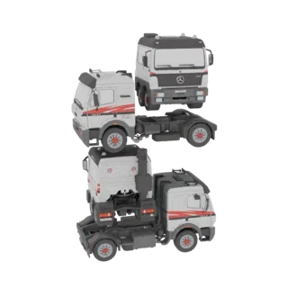 Un rendu 3D de deux tracteurs routiers blancs et rouges, l'un légèrement empilé au-dessus de l'autre, sur fond blanc.