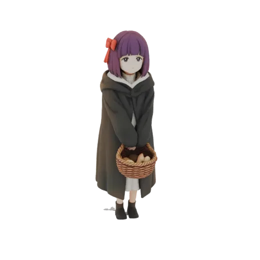 3D model of a cute anime girl with purple hair, wearing a dark cloak and holding a basket of mushrooms.
