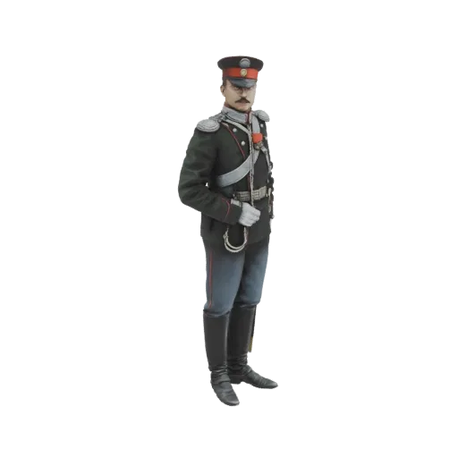 3D model of a 19th-century Russian Hussar officer in uniform, standing at attention.