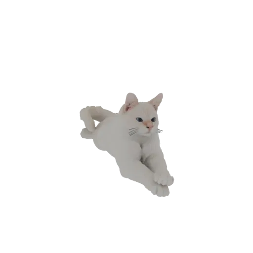 3D model of a white cat with blue eyes in a dynamic, mid-air action pose, isolated on a white background.