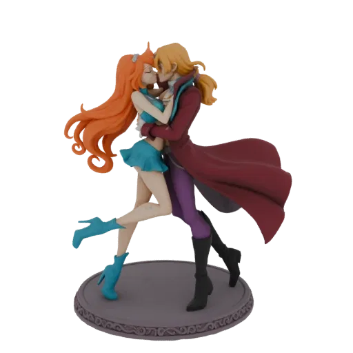 3D model of an anime couple with orange hair and a maroon coat, kissing passionately on a decorative base.