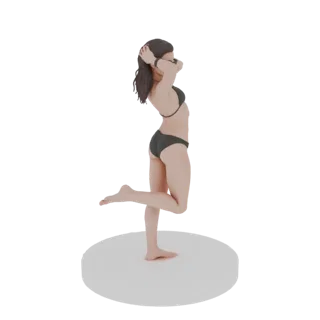 Modelo 3D de figura femenina en bikini negro, con manos detrás de la cabeza y una pierna flexionada, sobre una base circular