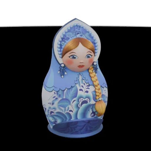 3D model of a Matryoshka doll with blue floral patterns, featuring a blonde braid and serene expression.