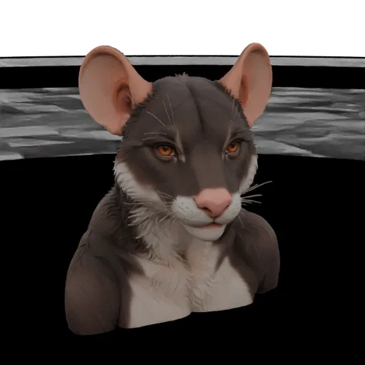 3D model render of a stylized mouse character bust with amber eyes and detailed fur, presented against a dark background.