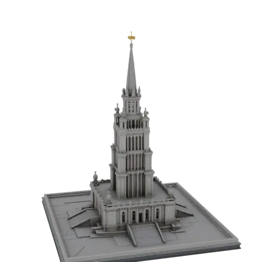 3D model of Sukharev Tower, detailed architectural reconstruction of a historical building in Moscow.