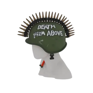 3D-Modell eines grünen Militärhelms mit Schriftzug „DEATH FROM ABOVE“ und Patronengurt.