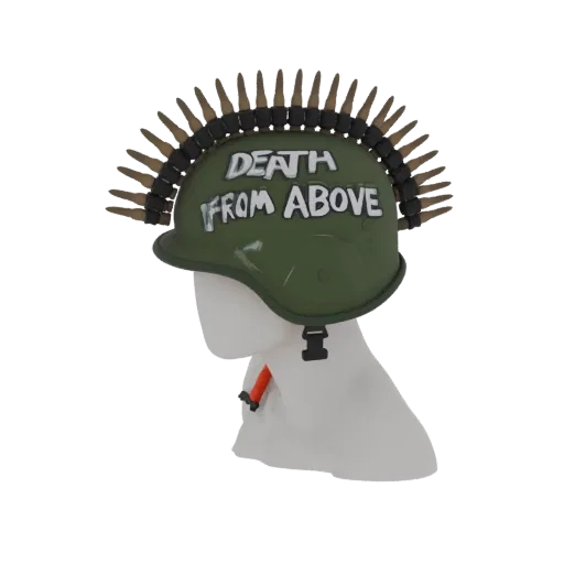 3D-Modell eines grünen Militärhelms mit Schriftzug „DEATH FROM ABOVE“ und Patronengurt.