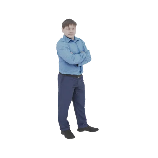 3D-Modell-Rendering eines Mannes in blauem Hemd und dunkler Hose, der mit verschränkten Armen steht.