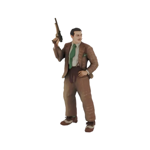 3D model of a 1920s gangster in a suit holding a Tommy gun, standing in a dynamic pose.
