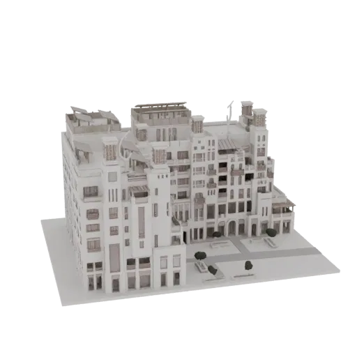 3D model of a traditional Arabic courtyard building, showcasing intricate balconies, arched windows, and a central courtyard.