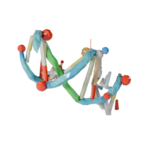 Protein DNA Helix Low Poly 3D model, game viewport three-quarter view, showing colored spheres, molecule layout.