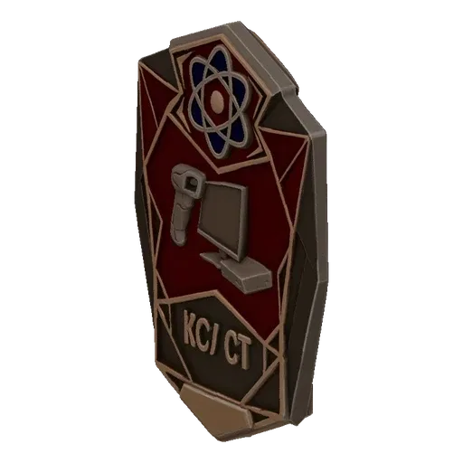 3D model of a Sci-Fi Lab Credential Plaque with atomic and computer icons and 'KC/CT' inscription.