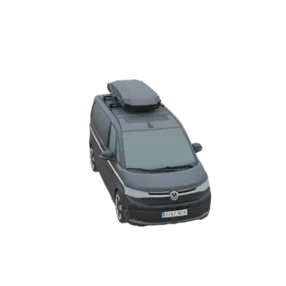 Ein 3D-Rendering eines dunkelgrauen Minivans mit Dachbox, aus leicht erhöhter Front-Rechts-Ansicht vor weißem Hintergrund.