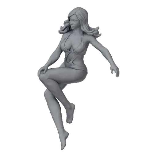 A 3D model of a pin-up girl in a swimsuit, captured in a dynamic, athletic pose against a black background.