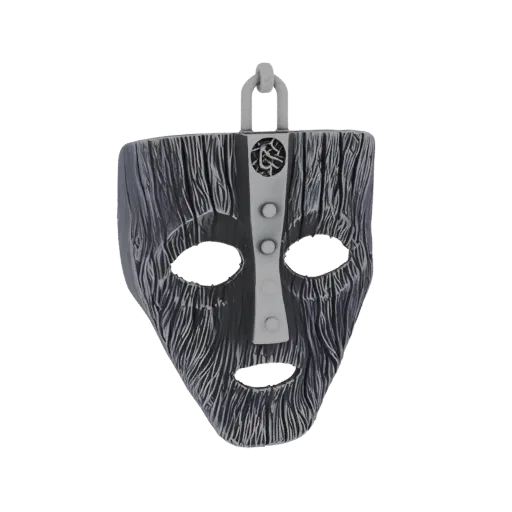 Modelo 3D da Máscara do Loki, uma máscara escura com textura de madeira, faixa central branca e alça.
