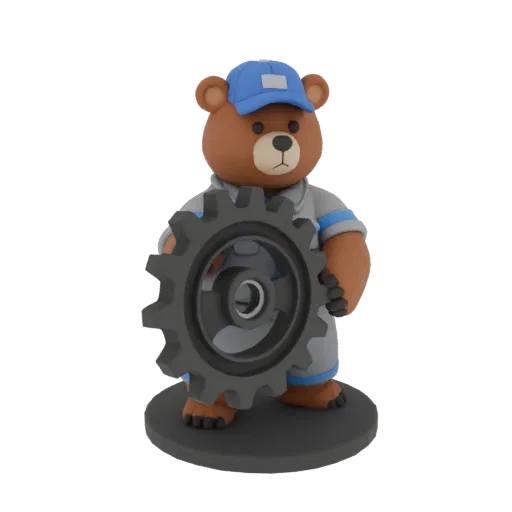 3D model of a brown bear in work uniform holding a large dark grey gear, standing on a base.