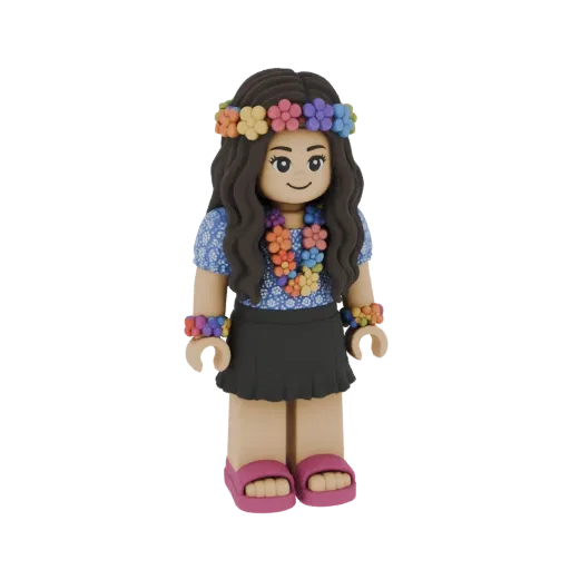 3D model of a stylized girl wearing a Hawaiian flower crown, lei, and bracelets, with a blue floral shirt and black skirt.