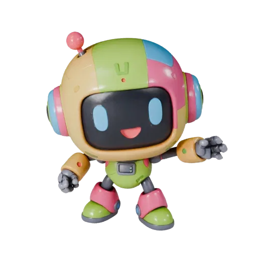 Cute Robot Mascot stylized 3D model preview showing pose, three-quarter game view, expression and smooth toy surfaces