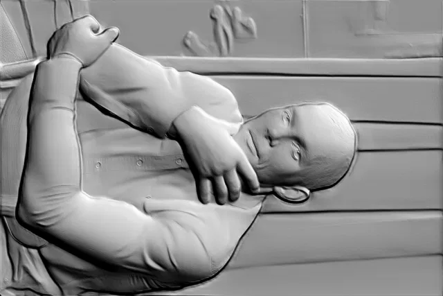 3D model of a bas-relief of a man in a shirt lying on a couch, with emphasis on facial and clothing details.