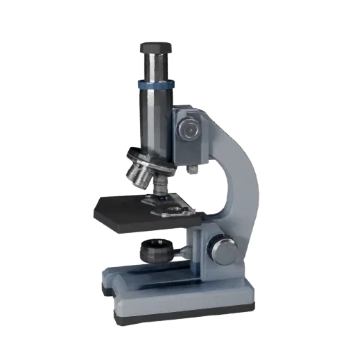 Biology Microscope Low Poly 3D model, game viewport three-quarter view, showing glass, recognizable lab forms.